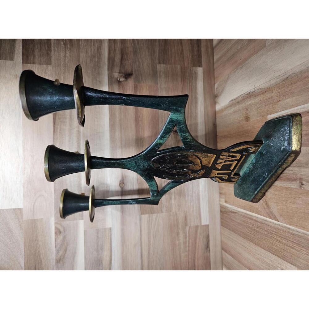Vintage Mid-Century Modern Israeli Brutalist 3-Cup Candelabra Verdigris Brass - Picture 2 of 14